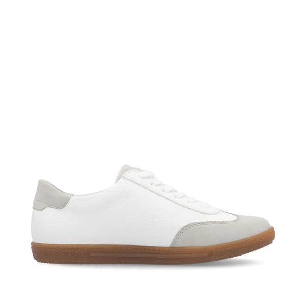 Rieker L9700-80 women's white lace-up sneakers with zipper, Gray accents, and gum sole.