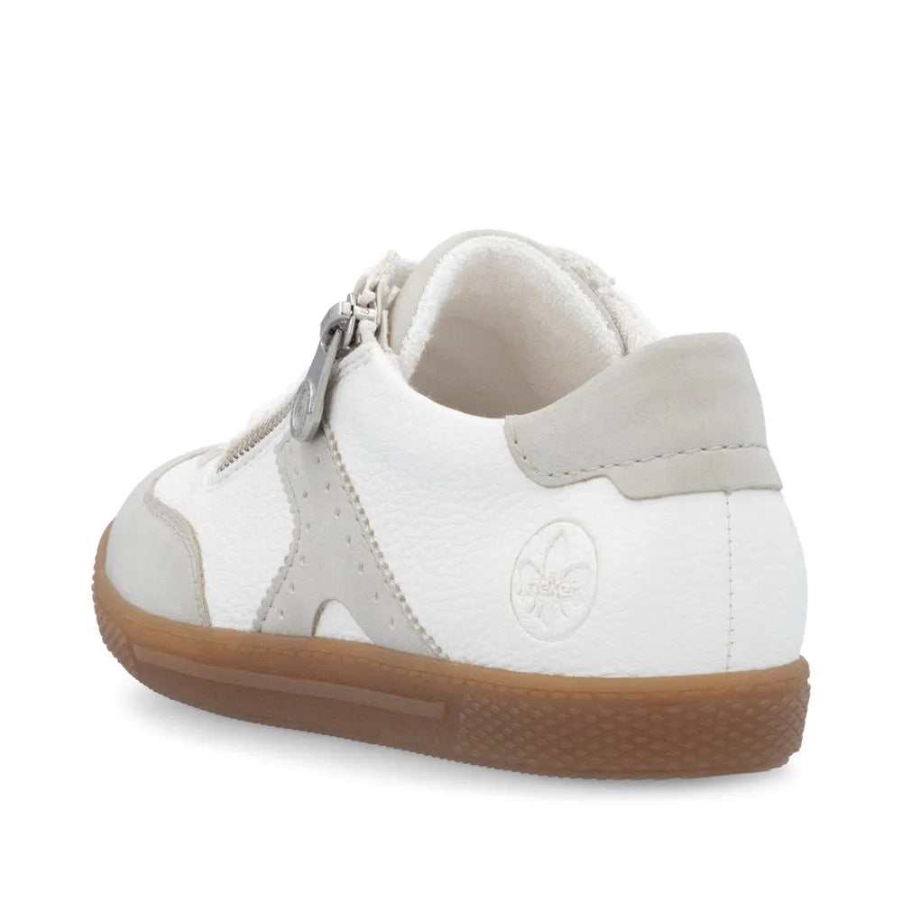 Rieker L9700-80 women's white leather sneakers with zipper and lace, cushioned collar, gum outsole, stylish and comfortable footwear.