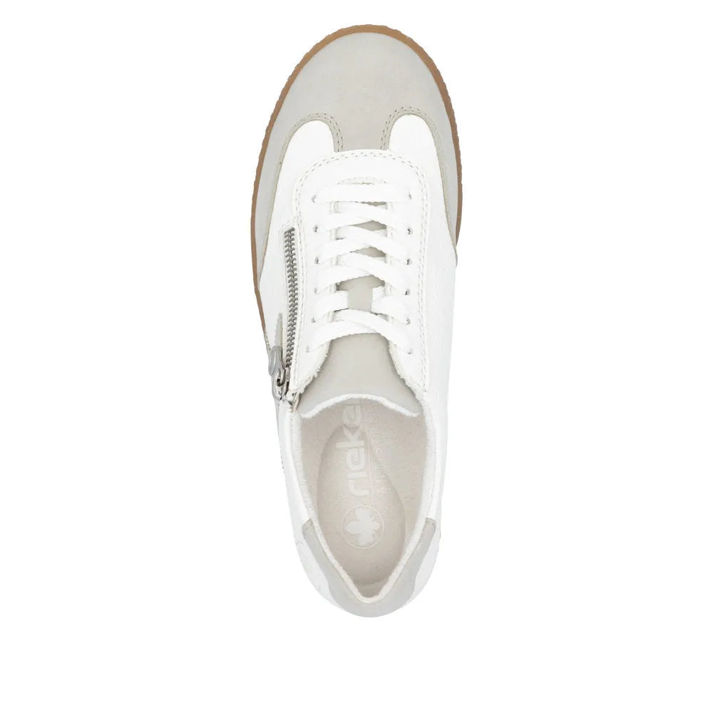 Rieker L9700-80 women's white sneakers with lace-up and side zipper, casual lace and zip sneakers.
