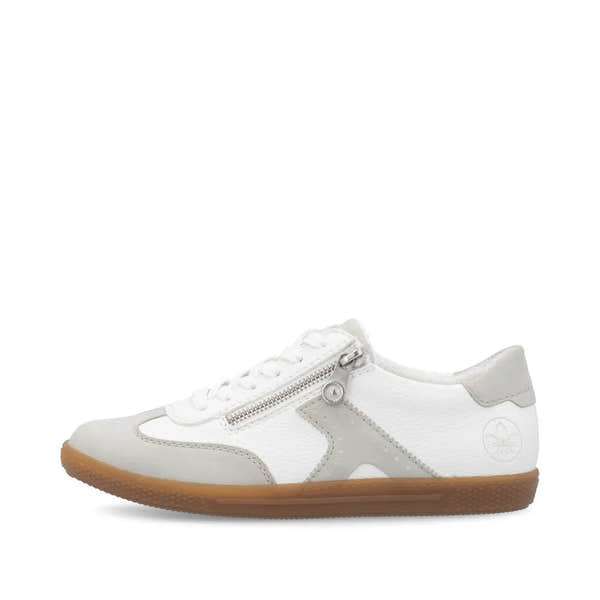 Rieker L9700-80 women's white sneakers with lace-up front, side zipper, and gum rubber sole. Casual slip-on footwear with stylish detail.