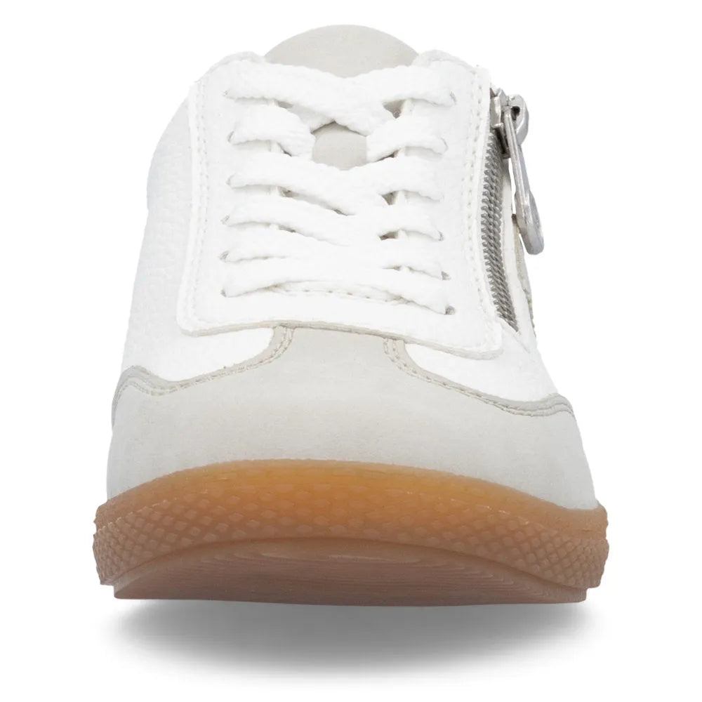 Rieker L9700-80 women's white lace-up sneakers with side zipper and gum sole, stylish and comfortable casual footwear.