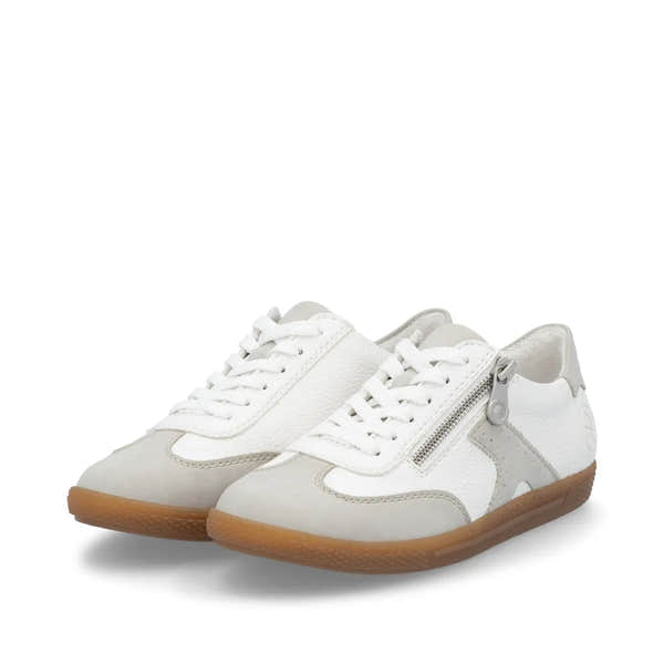 Rieker L9700-80 women's white lace-up sneakers with side zipper, cushioned sole, and gum rubber outsole.