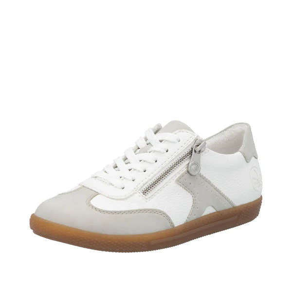 Rieker L9700-80 women's white sneakers with lace-up, side zipper, and gum sole. Casual sporty shoes for women.
