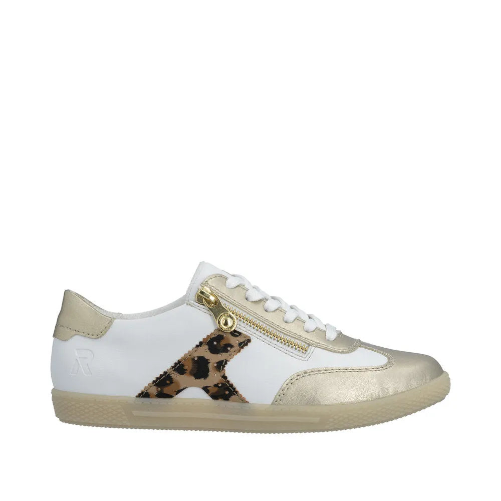 Rieker L9700-81 women's white, gold, and leopard print zip and lace sneakers with stylish design and rubber sole.