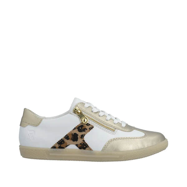 Rieker L9700-81 women's white, gold, and leopard print zip and lace sneakers with stylish design and rubber sole.