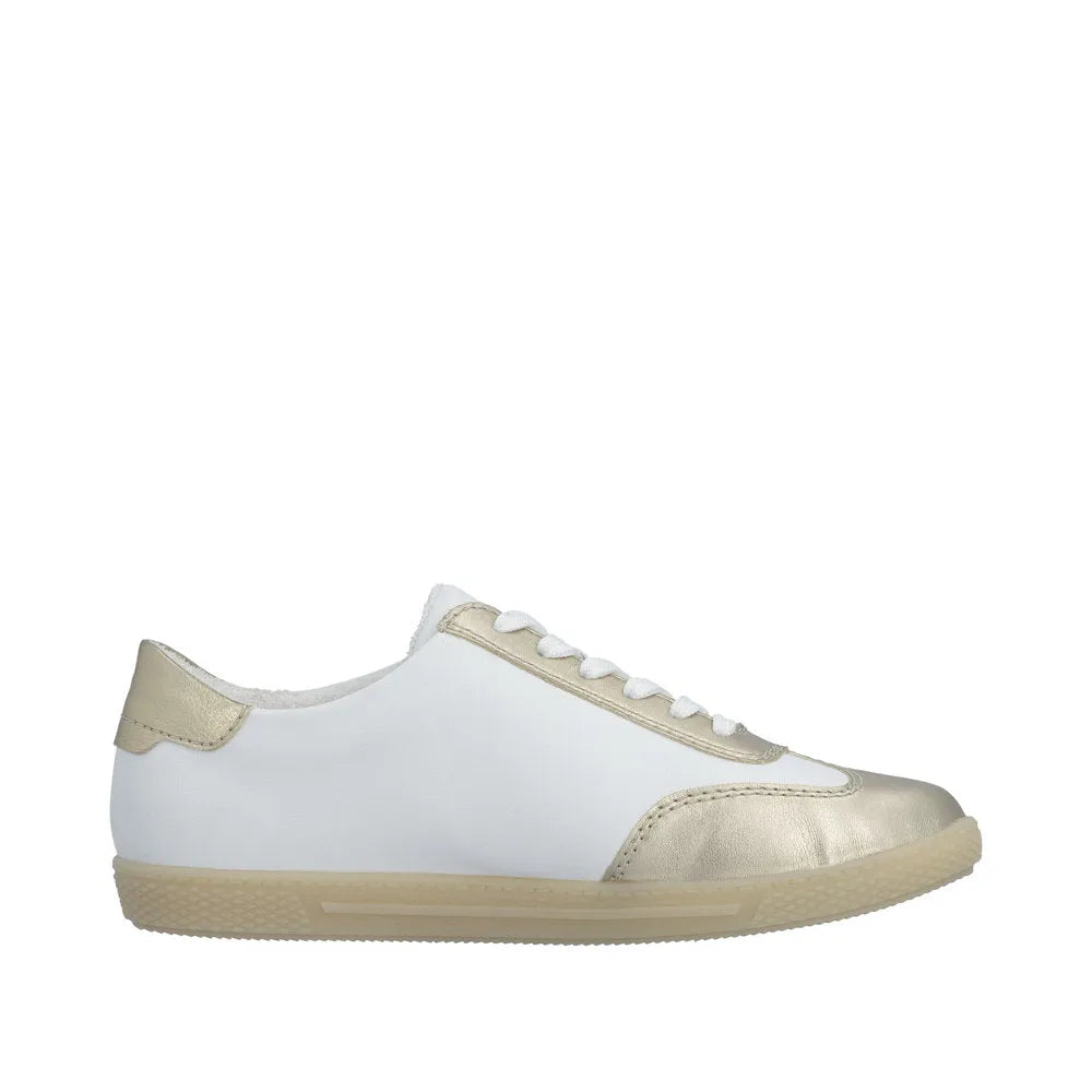 Rieker L9700-81 women's gold, white, and leopard print sneakers with zip and lace-up closure.