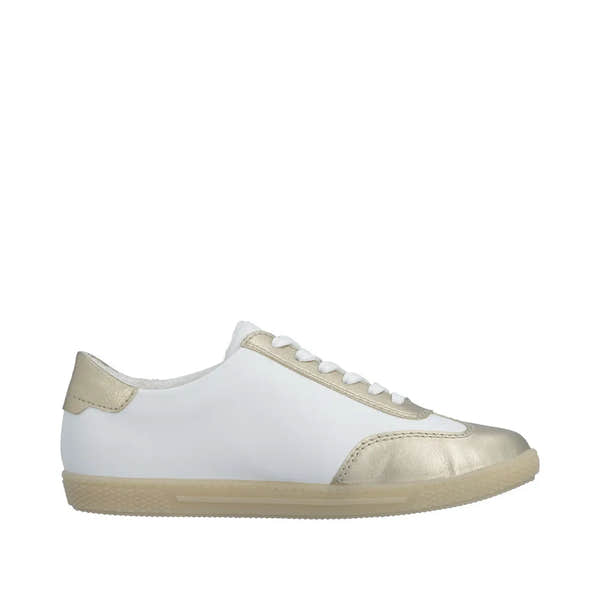 Rieker L9700-81 women's gold, white, and leopard print sneakers with zip and lace-up closure.