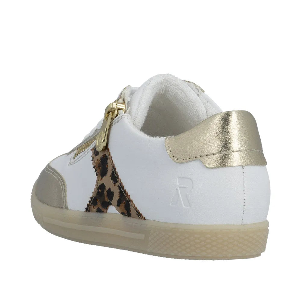 Rieker L9700-81 Ladies gold, white, and leopard print lace-up sneakers with zip closure and metallic accents.