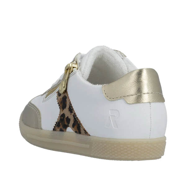 Rieker L9700-81 Ladies gold, white, and leopard print lace-up sneakers with zip closure and metallic accents.