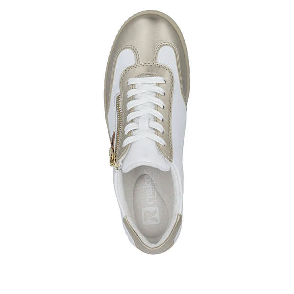 Rieker L9700-81 women's gold, white, and leopard print zip and lace sneakers with stylish accents.
