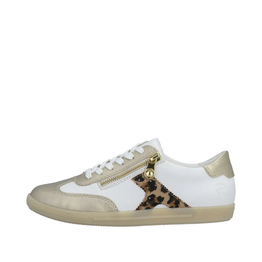 Rieker L9700-81 women's gold, white, and leopard print zip and lace sneakers with stylish details.