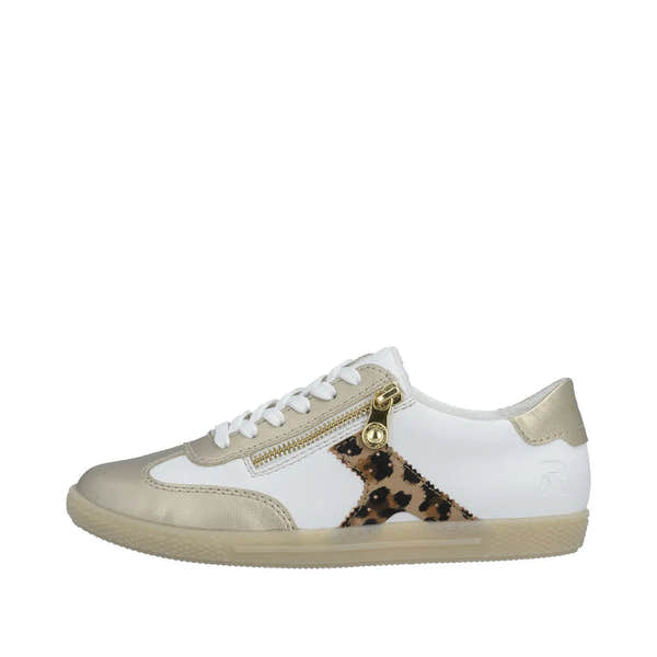 Rieker L9700-81 women's gold, white, and leopard print zip and lace sneakers with stylish details.