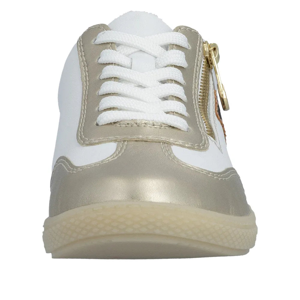 Rieker L9700-81 women's gold, white, and leopard print zip and lace sneakers with stylish design and comfortable fit.