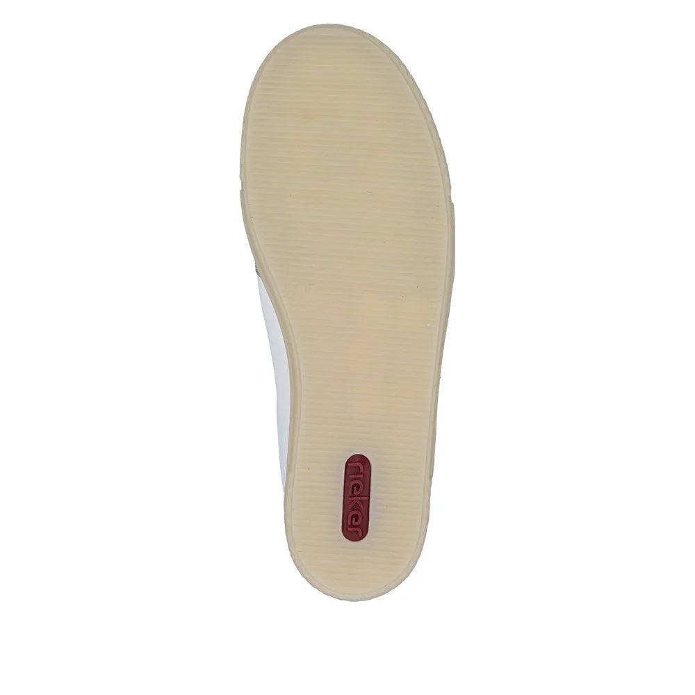 Rieker L9700-81 women's white, gold, and leopard print zip and lace-up sneakers with rubber sole and slip-on design.