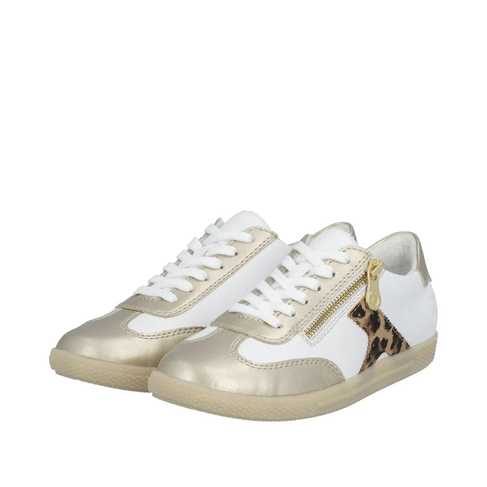 Rieker L9700-81 women's gold, white, and leopard print zip and lace sneakers with stylish design and comfortable sole.