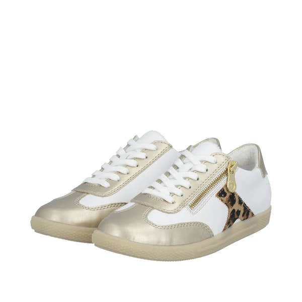 Rieker L9700-81 women's gold, white, and leopard print zip and lace sneakers with stylish design and comfortable sole.