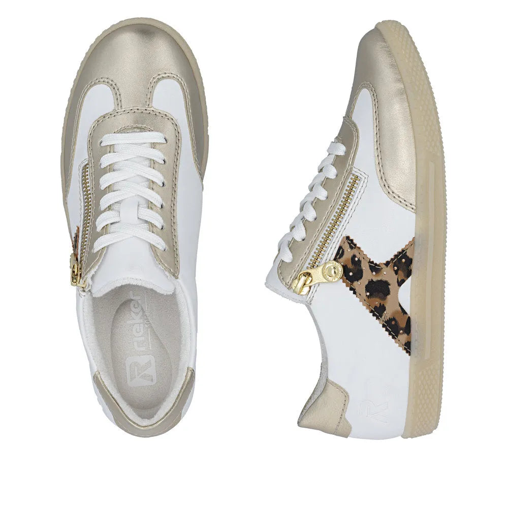 Rieker L9700-81 women's zip and lace sneakers with gold, white, and leopard print accents, stylish casual footwear.