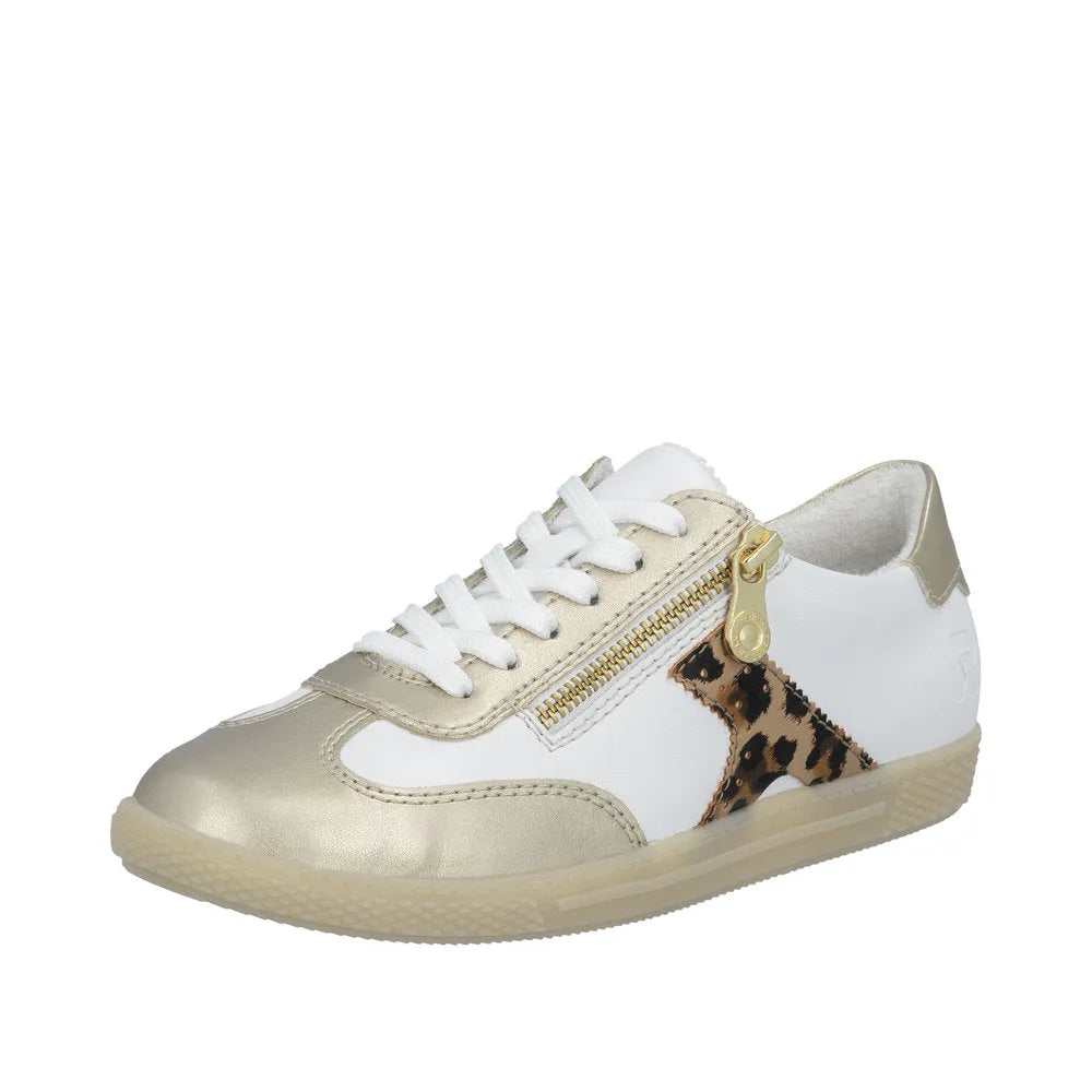 Rieker L9700-81 women's casual sneaker with gold/white leopard design, zipper and lace closure, lightweight and stylish.