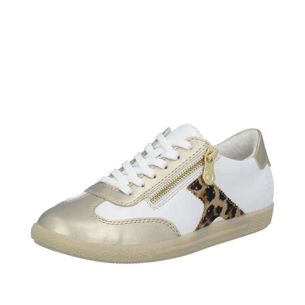 Rieker L9700-81 women's casual sneaker with gold/white leopard design, zipper and lace closure, lightweight and stylish.