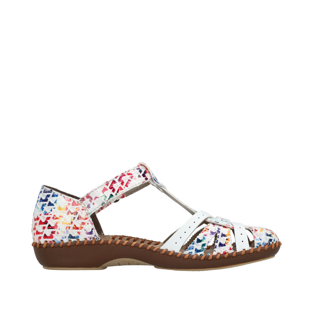 Rieker M1650-92 women's wide-fit multi-touch fastening sandals with colorful patterned upper and brown flexible sole.