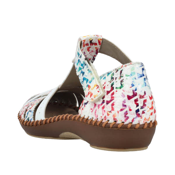 Rieker M1650-92 women's wide fit sandals with multi-touch fastening, colorful patterned fabric, and cushioned sole.