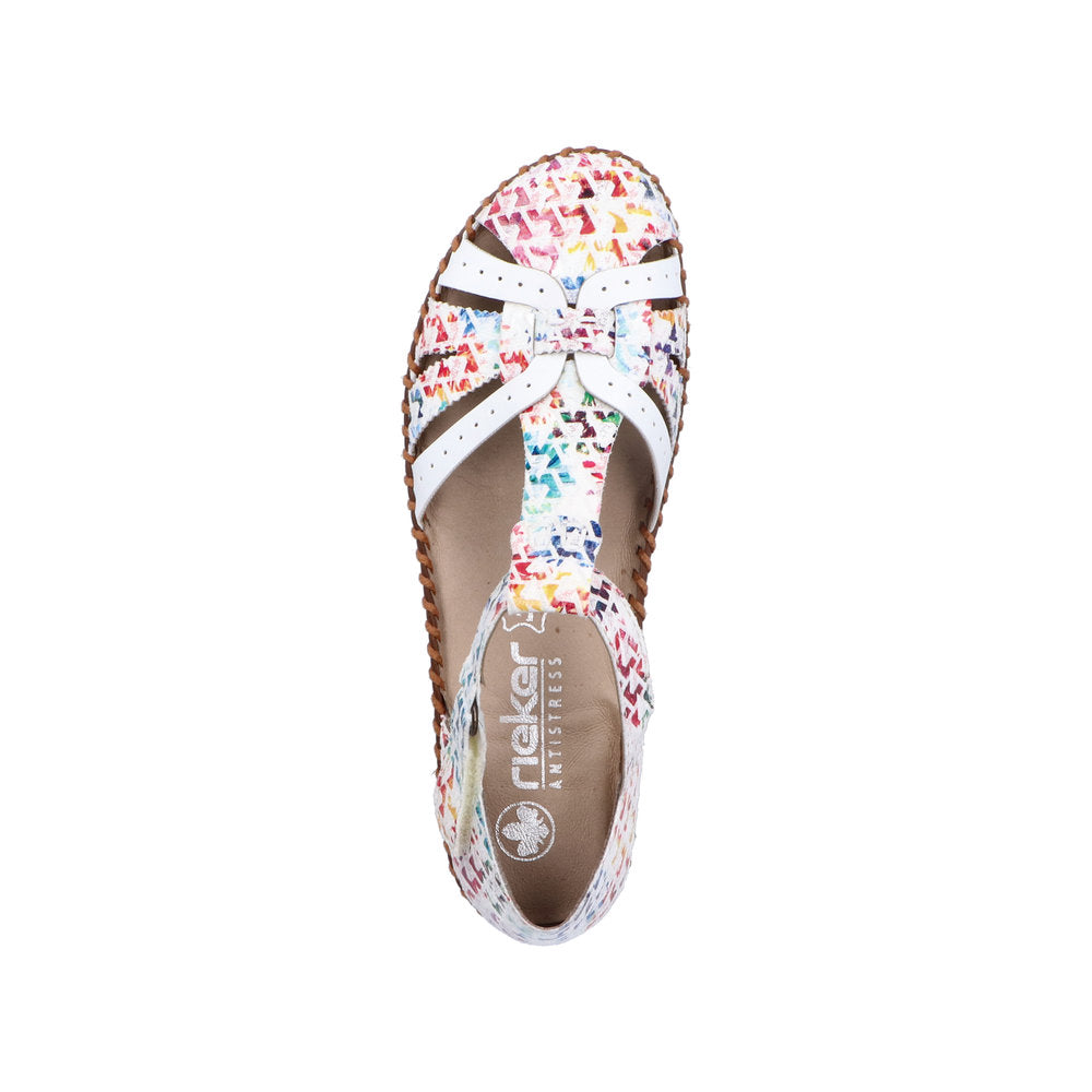 Rieker M1650-92 women's wide fit multi-touch fastening sandal with colorful patterned upper and white straps.