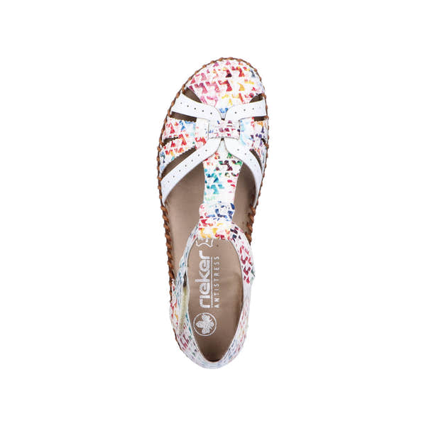 Rieker M1650-92 women's wide fit multi-touch fastening sandal with colorful patterned upper and white straps.