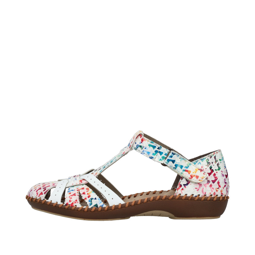 Rieker M1650-92 women's wide fit multi-touch fastening sandals with colorful floral pattern, cushioned sole, and adjustable straps.