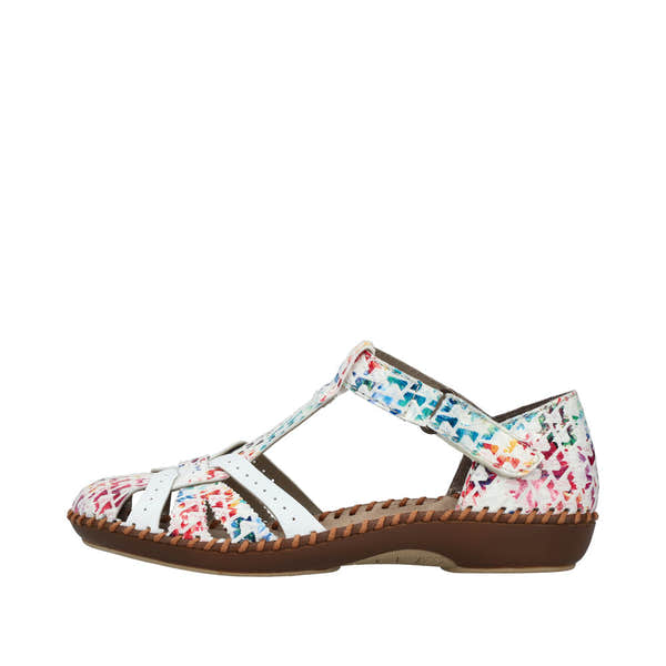 Rieker M1650-92 women's wide fit multi-touch fastening sandals with colorful floral pattern, cushioned sole, and adjustable straps.
