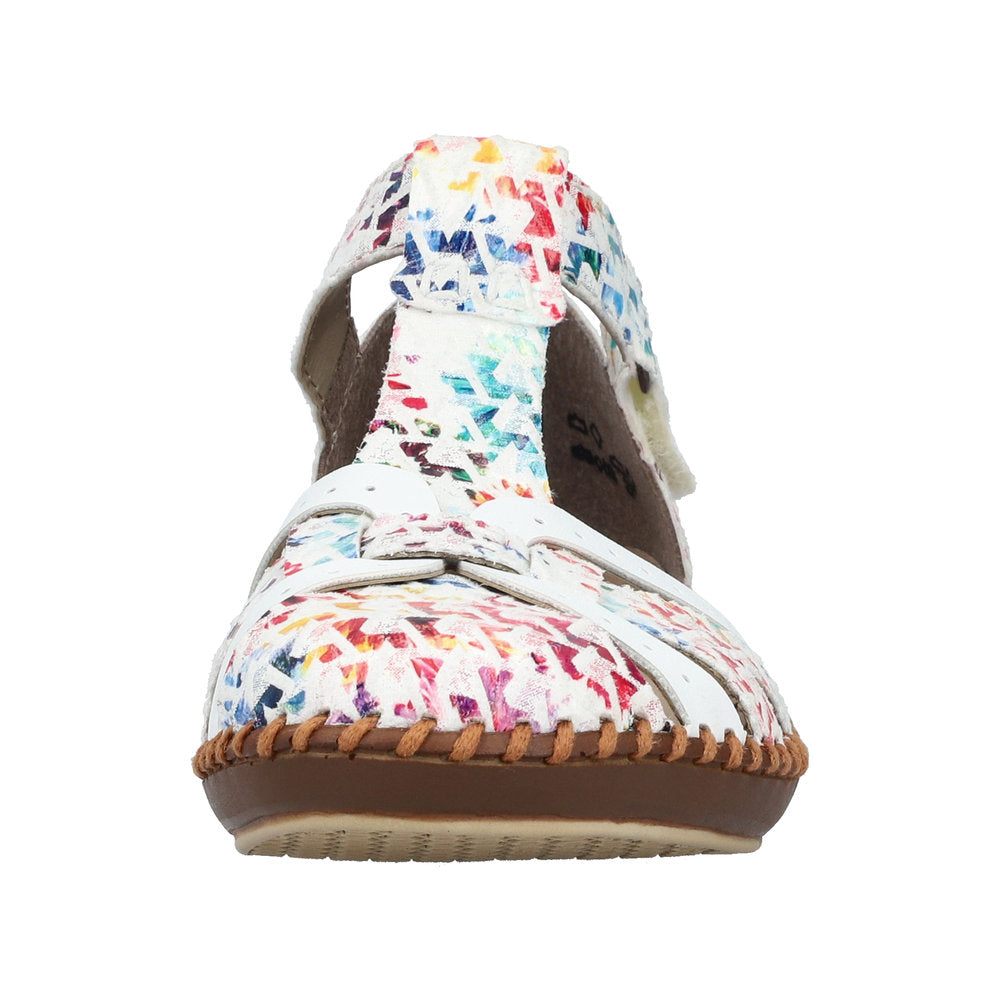 Rieker M1650-92 women's wide fit multi-touch fastening shoes with colorful abstract pattern and brown sole.