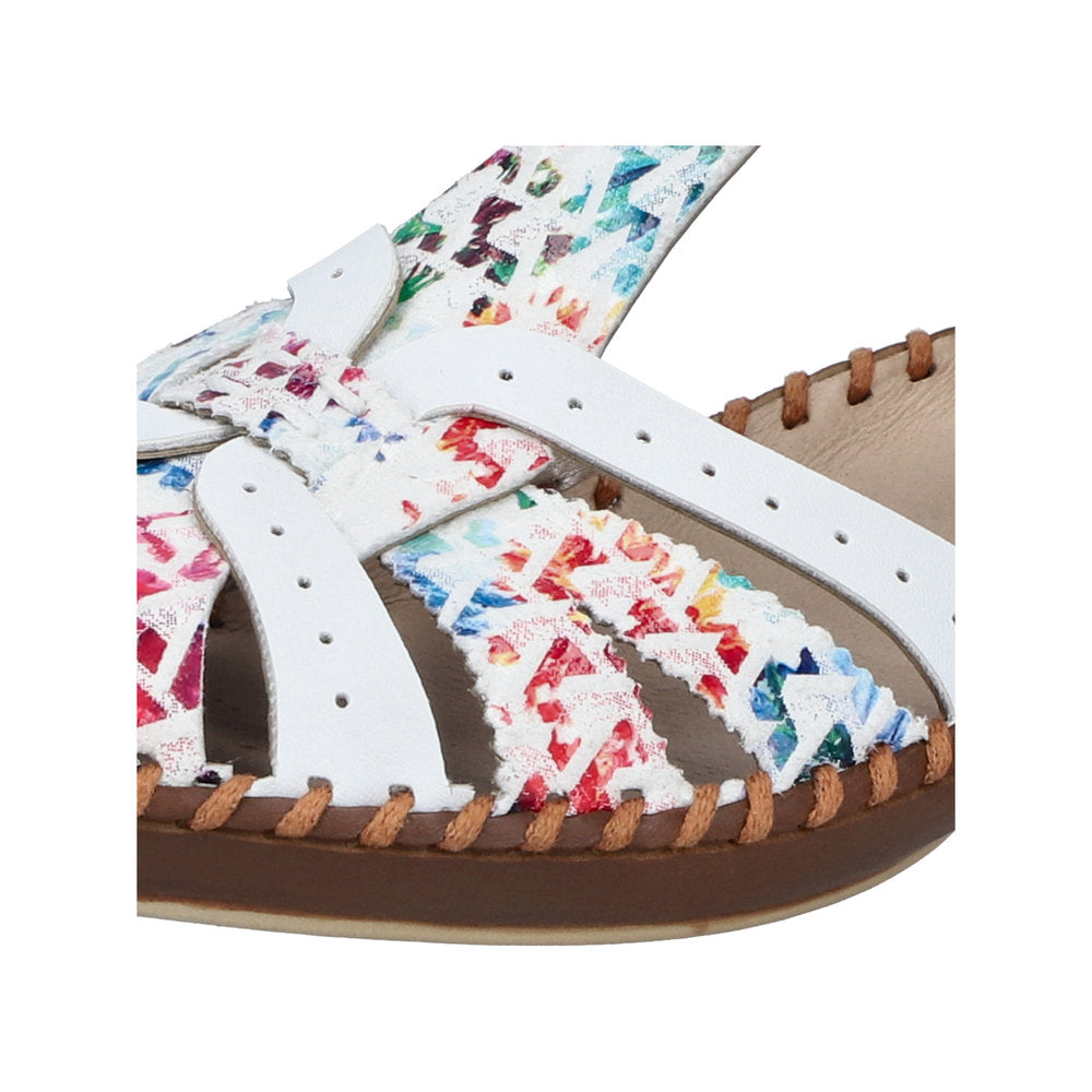 Rieker M1650-92 women's wide fit multi-touch fastening sandals with colorful patterned straps and white detailing.