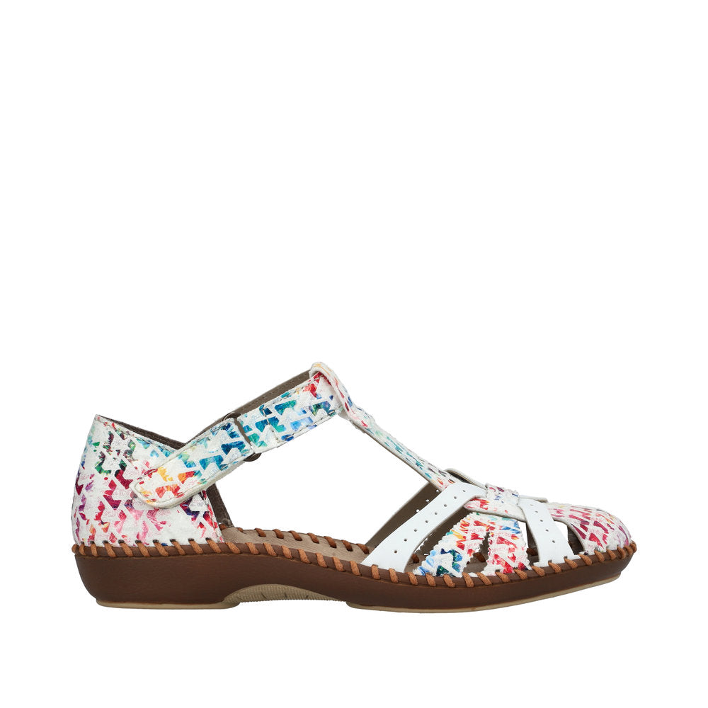 Rieker M1650-92 women's wide fit sandals with multi-touch fastening straps, colorful pattern, and cushioned sole.