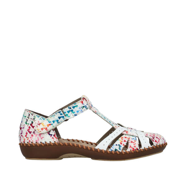 Rieker M1650-92 women's wide fit sandals with multi-touch fastening straps, colorful pattern, and cushioned sole.