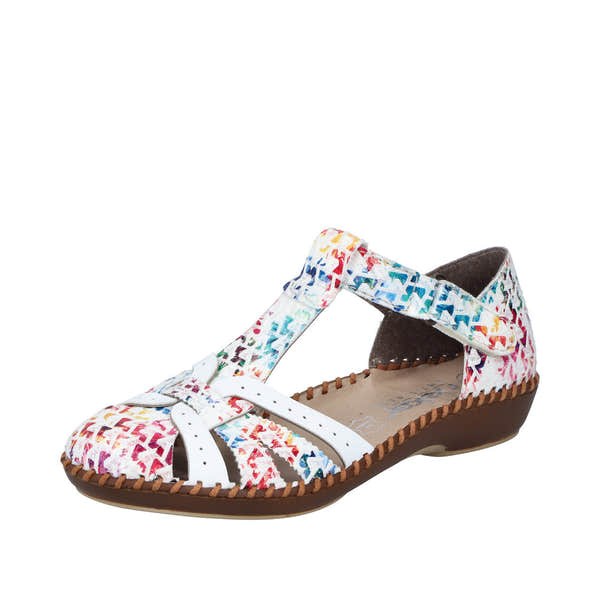 Rieker M1650-92 women's wide fit sandals with multi-colored touch fastenings and open toe design, cushioned insole, and low wedge heel.