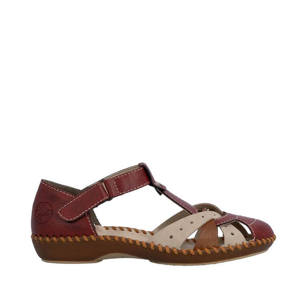Rieker M1655-34 ladies wide red touch fastening sandal with leather and synthetic materials, closed toe, and cushioned sole.