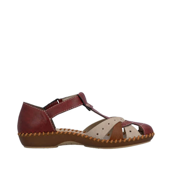 Red leather touch fastening sandals with cutouts, beige and brown accents, and stitched detailing. Stylish and comfortable.