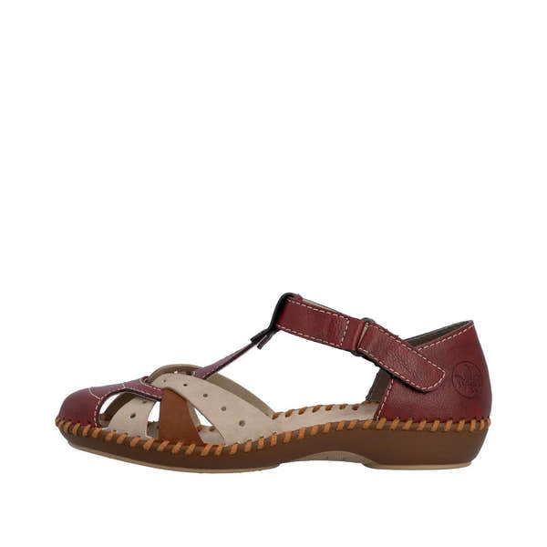 Wide red sandals with touch fastening, featuring a textured leather upper, beige accents, and decorative stitching.