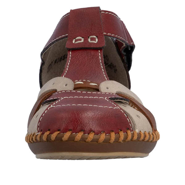 Red and beige wide fit leather touch fastening sandals with stitching and woven detailing.