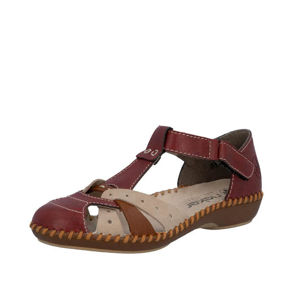 Red leather touch fastening sandals with a stylish T-strap design, beige perforated insole, and contrasting brown accents.