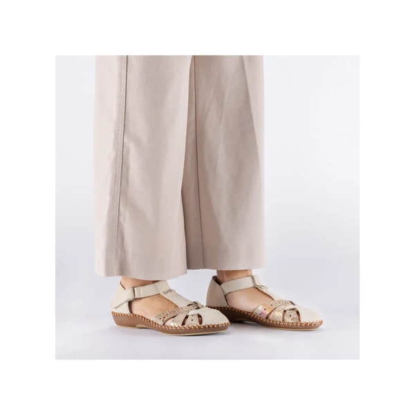 Rieker M1655-62 women's beige wide fit touch-fastening sandals with open toe and low heel.