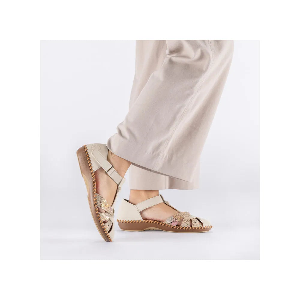 Rieker M1655-62 beige wide-fit women's touch fastening sandals with woven straps and platform sole.