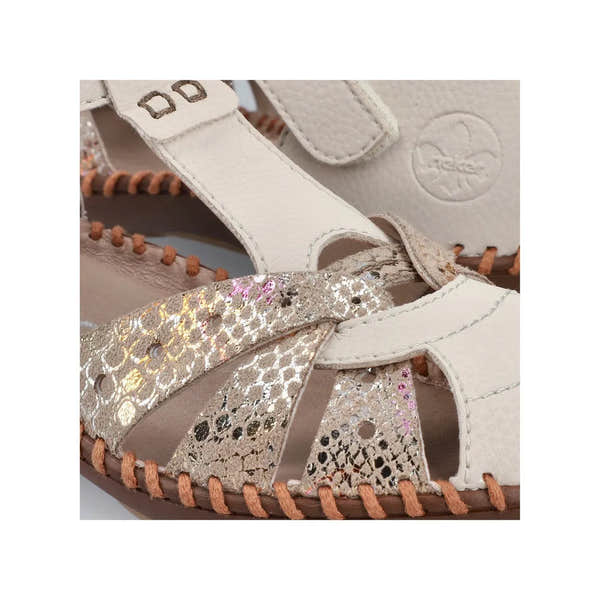 Rieker M1655-62 women's wide beige touch fastening sandals with metallic lace details and open toe design.