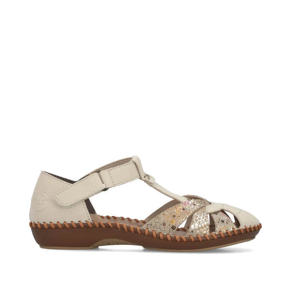 Rieker M1655-62 women's wide beige touch fastening sandals with decorative straps and low heel.