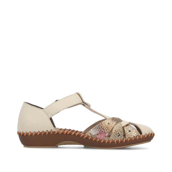 Rieker M1655-62 women's wide beige touch fastening sandals with perforated design and low wedge sole.