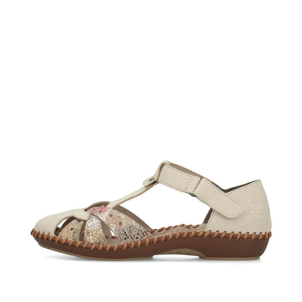 Rieker M1655-62 women's wide beige touch fastening sandals with glittery straps and cushioned sole.
