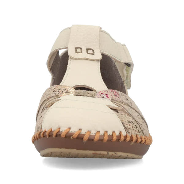 Rieker M1655-62 women's wide beige touch-fastening sandals with decorative stitching and comfortable sole.