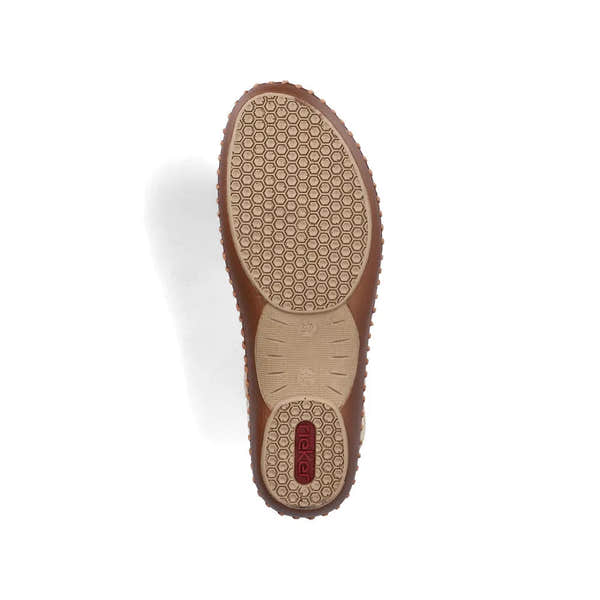 Rieker M1655-62 beige wide-fit ladies touch fastening sandals with textured sole and cushioned footbed.