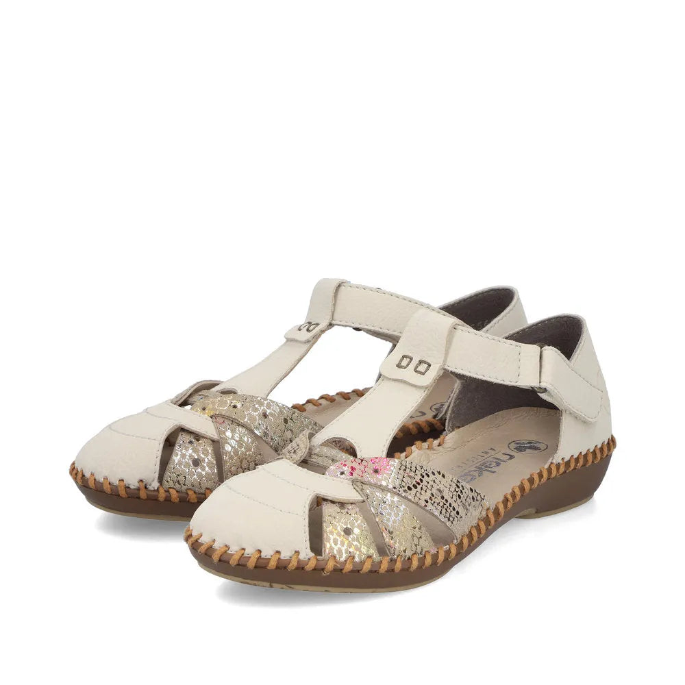 Rieker M1655-62 Ladies Wide Beige Touch Fastening Sandals with open toe, metallic accents, and adjustable strap for comfortable fit.