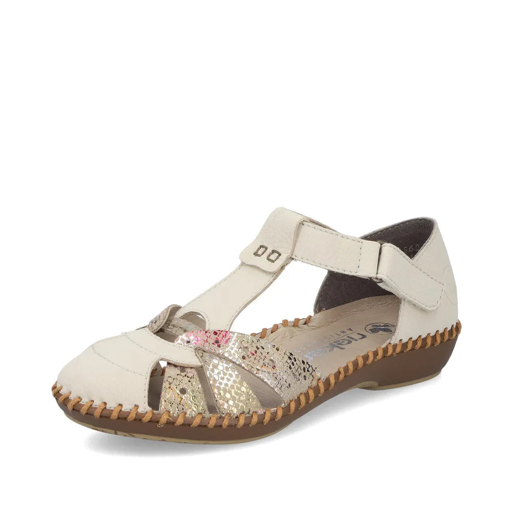 Rieker M1655-62 women's wide beige touch fastening sandals with decorative metallic accents and comfortable sole.