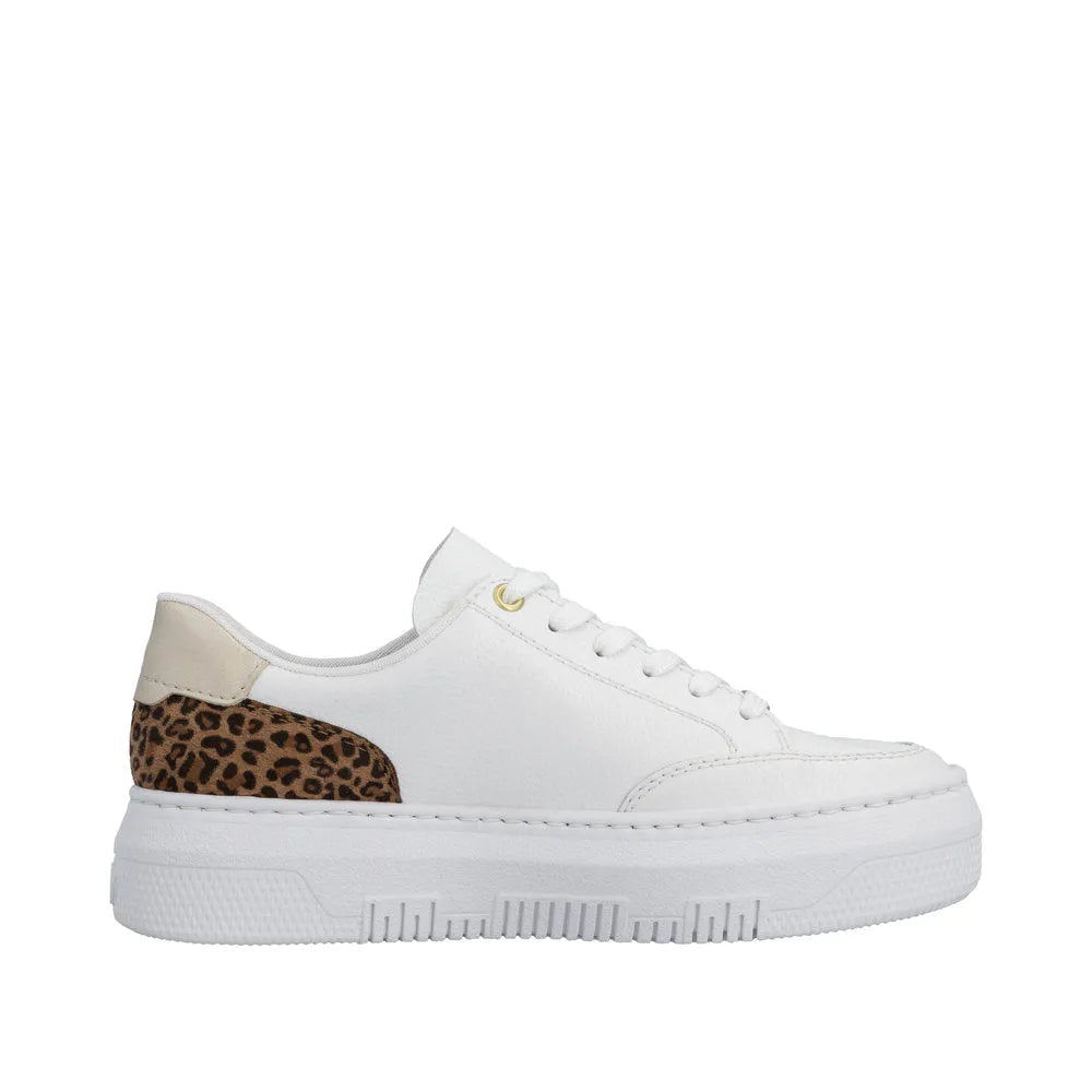 White leather trainers with leopard print accent, lace-up and zip closure, chunky sole, and beige heel detail.